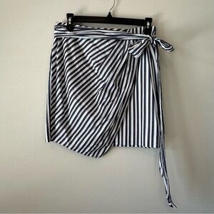 TJD Striped Preppy Belted Asymmetrical Wrap Cotton Skirt